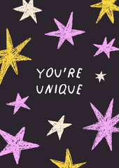 Leinwandbilder - Star-framed background, motivational card design with cute inspirational lettering, handwritten phrase. Doodle style sparkles pattern, starry night postcard, poster. Flat vector illustration