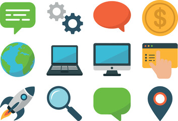 Leinwandbilder - Illustration featuring a variety of digital marketing and business related icons and symbols


