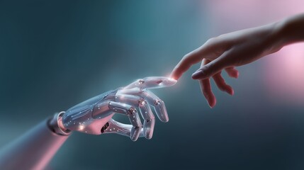 Poster - Human hand reaching out to touch a robotic hand in a futuristic digital environment at dusk