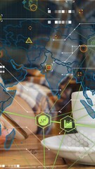 Poster - Animation of network of connections and world map over person drinking coffee and using smartphone