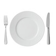 © Noah - empty white ceramic plate, silver fork, knife, flat lay minimalist composition on a transparent background with studio lighting, professional product photography concept for advertising