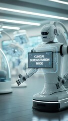 Poster - Robotic Assistant in Advanced Laboratory: A sleek, futuristic robot stands within a cutting-edge laboratory, holding a display panel showcasing 