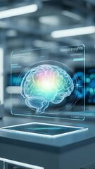 Poster - Brain Insights in Technology: A vivid representation of the brain within a futuristic holographic interface, highlighting the intricate neural connections and scientific exploration of the mind. 