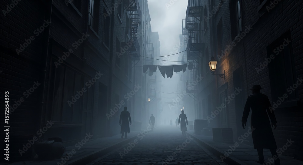 Dark alleyway scene with mysterious figures in fog a cinematic urban ...