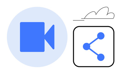 Poster - Blue video camera symbol and sharing network icon with cloud backdrop. Ideal for media, communication, collaboration, digital platforms, file sharing, networking, tech tools, simple landing page