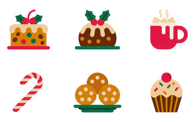Poster - Six Festive Holiday Treats Minimalist Icons Set Isolated on White Backgrounds PNG Transparent Cutout Clipping Path Full HD Image Stock Picture Bundle Download New Latest 2025 2026
