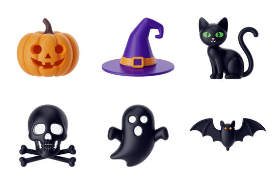 Six Halloween Icons Set 3D Rendered Illustrations Orange Pumpkin Black Cat Witch Hat Ghost Skull Bat Isolated on White Backgrounds Transparent PNG Cutout Clipping Path Social Media 2025