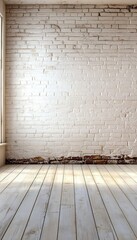 Poster - Bright Interior Featuring Whitewashed Brick Wall and Wooden Floor Perfect for Architectural Designs