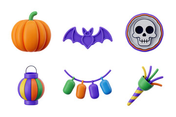 Poster - Six Halloween Icons Set Orange Pumpkin Purple Bat Skull Party Garland Lantern Noisemaker 3D Render Isolated on White Background Transparent PNG Cutout Clipping Path Social Media 2025