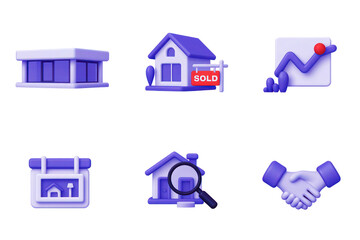 Aufkleber - Six Isolate Purple and White 3D Rendered Real Estate Icons Set on White Background PNG Transparent Cutout Clipping Path Full HD Image Stock Picture Bundle Download New Latest 2025