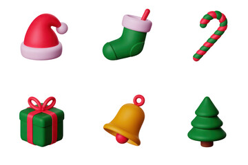Poster - Six Minimalist 3D Christmas Icons Set Red Green Gold Candy Cane Stocking Hat Gift Tree Bell Isolated on White Background Transparent PNG Cutout Clipping Path Social Media Full HD 2025