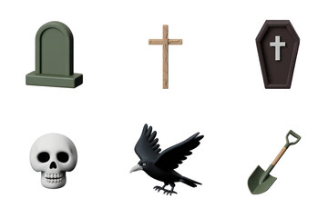 Poster - Six Minimalist 3D Icons Set Grave Headstone Cross Coffin Skull Crow Shovel Dark Green Brown Beige Black White Isolated on White Backgrounds Transparent PNG Cutout Clipping Path 2025