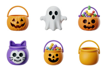 Poster - Six Playful 3D Rendered Halloween Icons Set Isolated on White Backgrounds Orange Pumpkin Candy Buckets Purple Cat Bucket and White Ghost Full HD Image PNG Cutout Clipping Path 2025