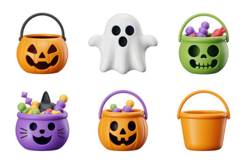 Poster - Six Playful Halloween 3D Plastic Icons Set Orange Pumpkin Ghost Green Skull Cat Candy Buckets Isolated on White Backgrounds Transparent PNG Cutout Clipping Path Social Media Full HD 2025