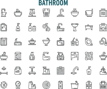 Modern Minimalist Bathroom Icon Set: Clean Line Art Graphics for Web and App Design.