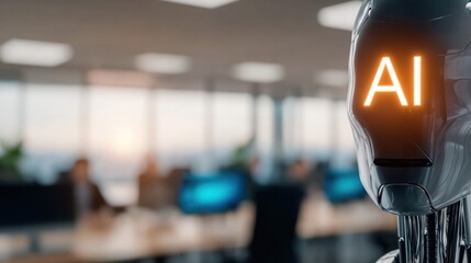 Poster - AI in the modern workplace: A futuristic robot's eye view of an AI interface with a focus on the future of technology and the convergence of human and machine.