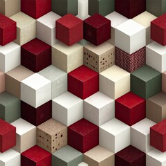 Poster - Seamless Geometric Cube Pattern in Red Beige and White