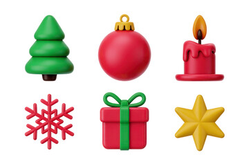 Aufkleber - Six Vibrant 3D Plastic Christmas Icons Isolated on Black Background Red Green Yellow Christmas Tree Ornament Candle Snowflake Gift Star Festive Holiday Symbols New Year 2025 2026