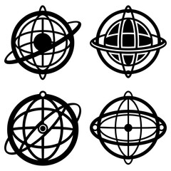 Poster - Four stylized globes with orbital rings in black and white geometric vector illustration set design
