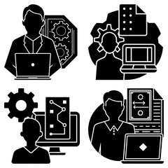 Fototapete - Illustration of four panels showing people working with computers and gears in black and white