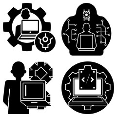 Poster - Illustration of four icons representing technology, development and human interaction with machines