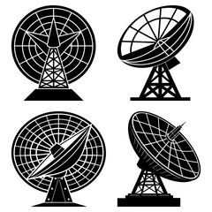 Poster - Four black and white satellite dishes with grid patterns and geometric support structures shown in silhouette
