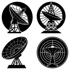 Poster - Illustration showing four different black and white satellite dishes and communication towers on a white background