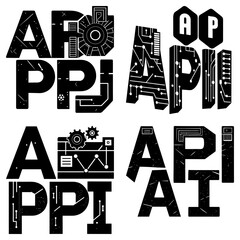Fototapete - Four api arrangements with technology and circuit board designs in black and white illustration style