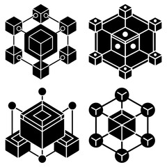 Fototapete - Four isometric cube structures connected by lines and circles in a geometric arrangement display