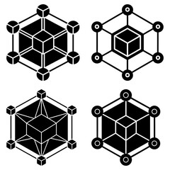 Poster - Four variations of cube structures connected by lines and circles in a geometric arrangement