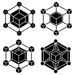 Poster - Four geometric designs featuring cubes connected by lines and circles in a symmetrical arrangement