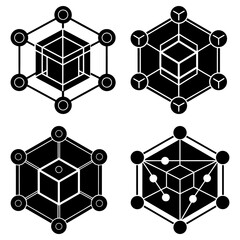 Poster - Four geometric designs featuring hexagons cubes and circles in a symmetrical and structured arrangement