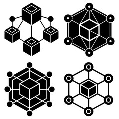 Poster - Illustration of four distinct geometric designs featuring cubes circles and connecting lines arranged together