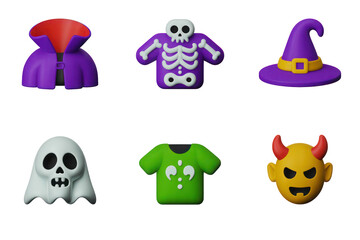 Poster - Six Vibrant 3D Plastic Halloween Icons Set Purple Cape Skeleton Shirt Witch Hat Ghost Devil Emoji Isolated on White Backgrounds Transparent PNG Cutout Clipping Path Social Media 2025