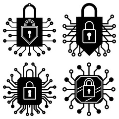 Fototapete - Four black and white digital security icons with circuit board designs and padlock symbols displayed