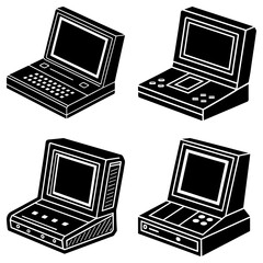 Poster - Four isometric illustrations of retro style portable computers and gaming devices in black and white