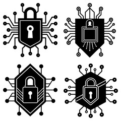 Fototapete - Four black security icons with circuit board patterns and padlock symbols in a vector illustration
