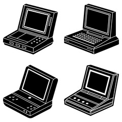 Poster - Four isometric black and white retro gaming consoles with screens and button controls displayed