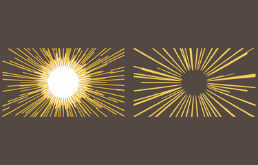 Poster - Abstract burst of yellow lines radiating from a white circle against a dark brown background