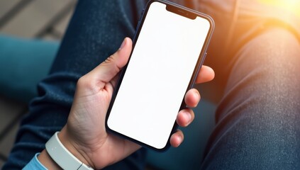 Man using smartphone blank screen frameless modern design while lying on the sofa in home interior
