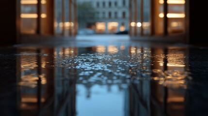Poster - Rain-soaked pavement reflecting warm lights in an urban setting during twilight