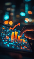 Poster - Financial Analysis on Touchscreen Device with Progress Chart and Urban Night Development Scene