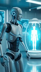 Poster - Cybernetic Sentinel in Futuristic Lab: A metallic, humanoid robot stands alert within a high-tech laboratory, observing a glowing holographic human figure, the scene bathed in cool.