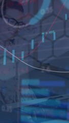 Poster - Animation of graphs and data over happy caucasian woman at work