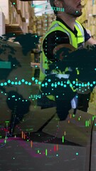 Poster - Animation of financial data processing and world map over caucasian delivery man loading boxes
