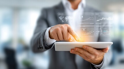 Poster - Businessman Using Tablet: A professional man, dressed in a business suit, uses a digital tablet, with focus on its interactive data display. The scene reflects modernity in technology and business