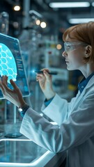 Poster - Scientific Scrutiny: A determined scientist peers intently at an interactive display, dissecting complex data within a state-of-the-art laboratory setting. This evokes a sense of innovation.