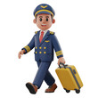 © 3D icon - Cartoon pilot walking with luggage isolated on a transparent background