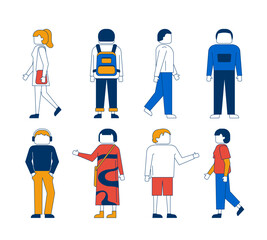 Poster - Diverse modern faceless people in various poses and outfits 2D cartoon characters set. Everyday life. Casual fashion men women flat vector people isolated on white. Spot illustrations collection