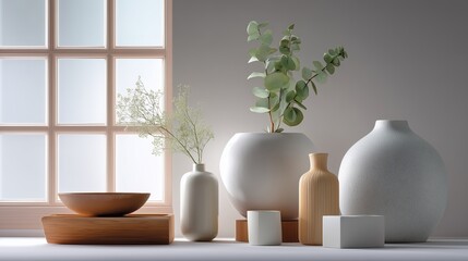 Poster - Elegant arrangement of minimalist vases and plants in a sunlit room with a wooden window
